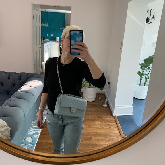 22P CHANEL Medium Classic Double Flap Bag Light Blue Caviar LGHW NWT - Picture 9 of 17